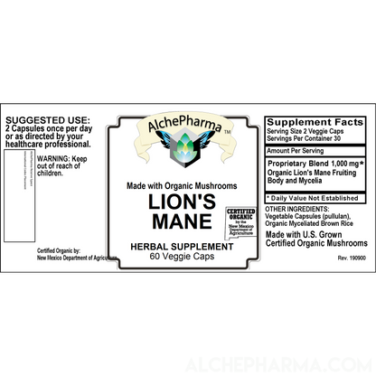 Lion's Mane Mushroom - Organic Blend of Fruiting Body and Mycelia-Medicinal Mushrooms-AlchePharma