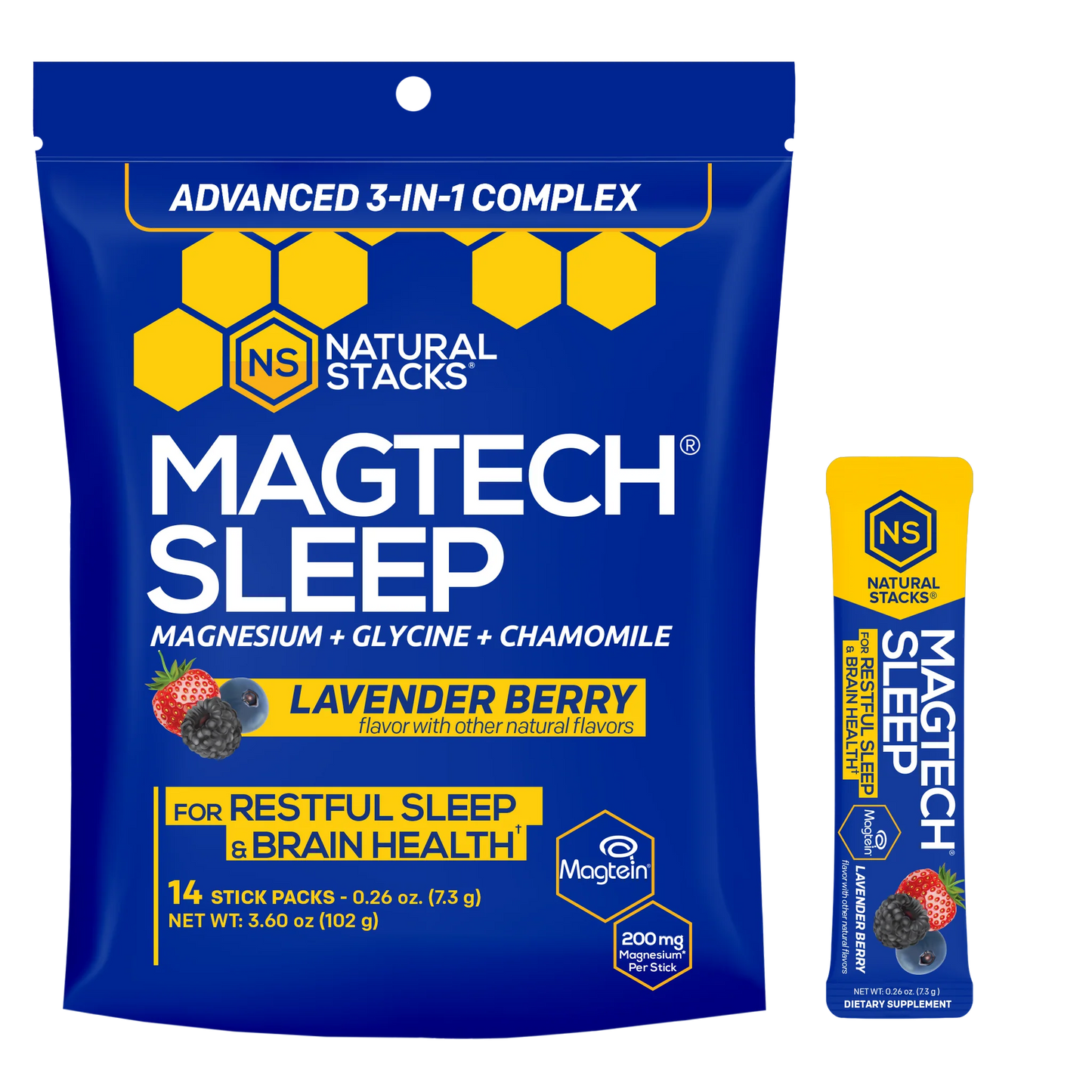 MagTech Sleep Drink Mix- Magnesium + Glycine + Chamomile, Lavender Berry Flavored - 14 Sticks