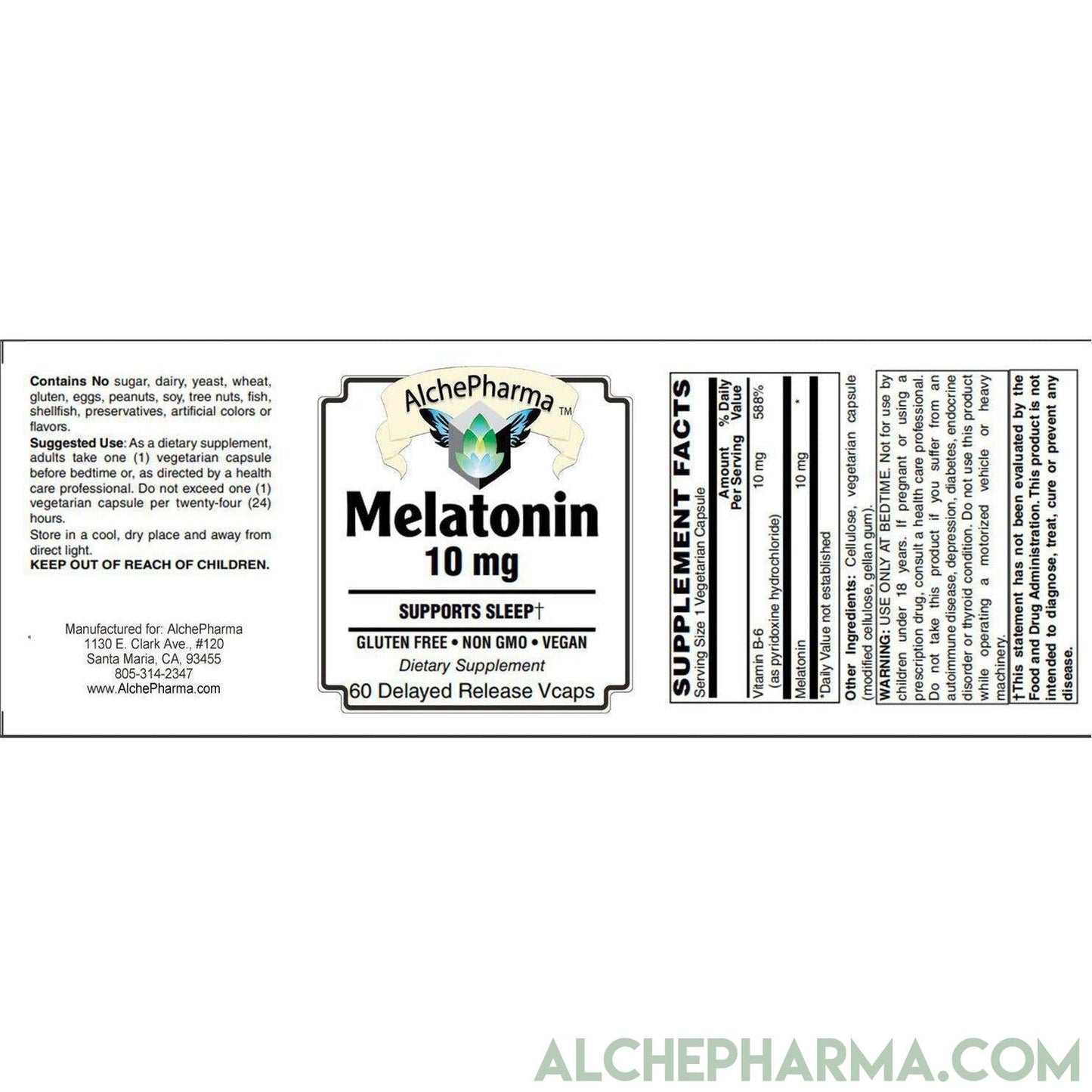 Melatonin 10 mg - ( Pharmaceutical grade ) Delayed Time Released plus Synergistic Vitamin B6- Vegetable Capsules-AlchePharma
