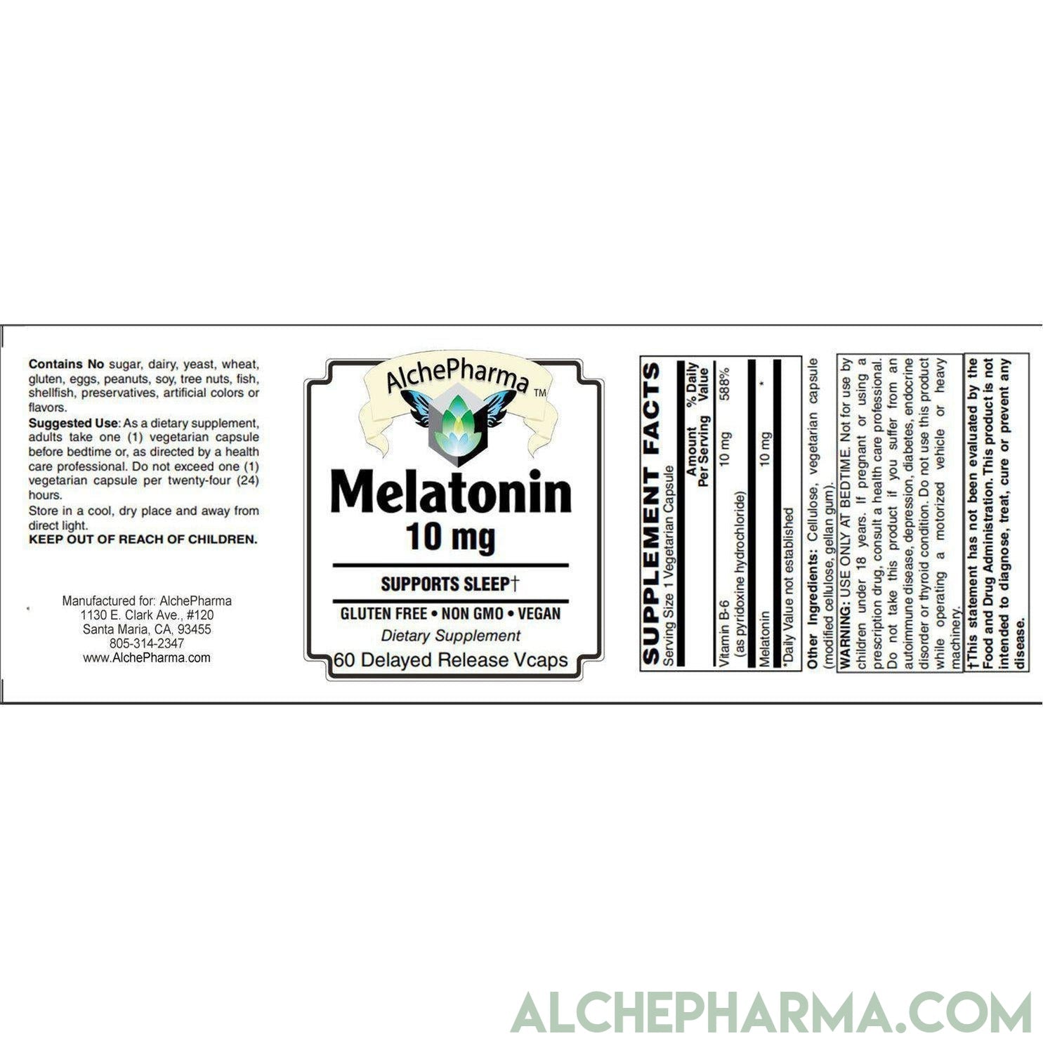 Melatonin 10 mg - ( Pharmaceutical grade ) Delayed Time Released plus Synergistic Vitamin B6- Vegetable Capsules-AlchePharma