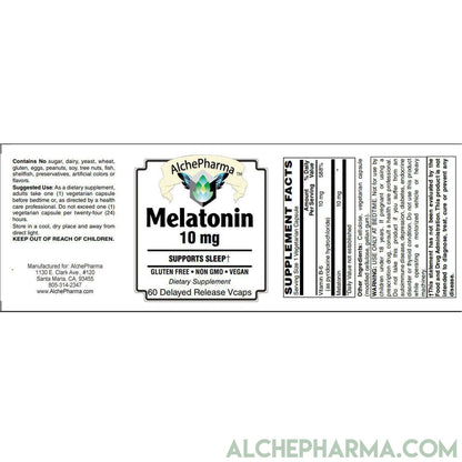 Melatonin 10 mg - ( Pharmaceutical grade ) Delayed Time Released plus Synergistic Vitamin B6- Vegetable Capsules-AlchePharma