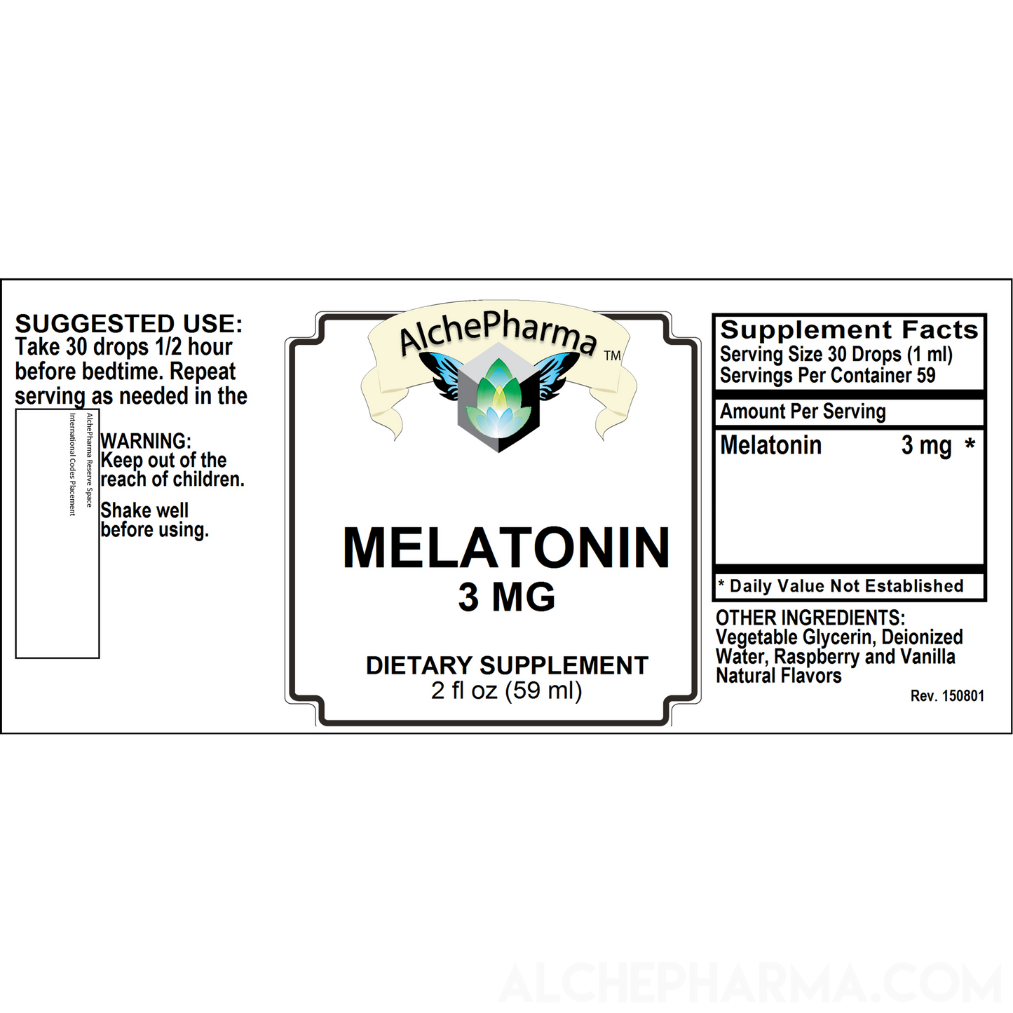 Melatonin Liquid 3mg -( per 30 drops ) Natural Raspberry and Vanilla Flavor PARVE K-1604-Melatonin-AlchePharma