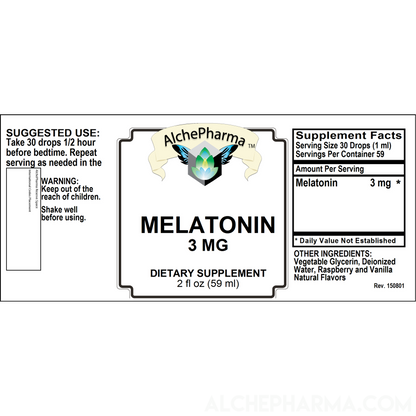 Melatonin Liquid 3mg -( per 30 drops ) Natural Raspberry and Vanilla Flavor PARVE K-1604-Melatonin-AlchePharma