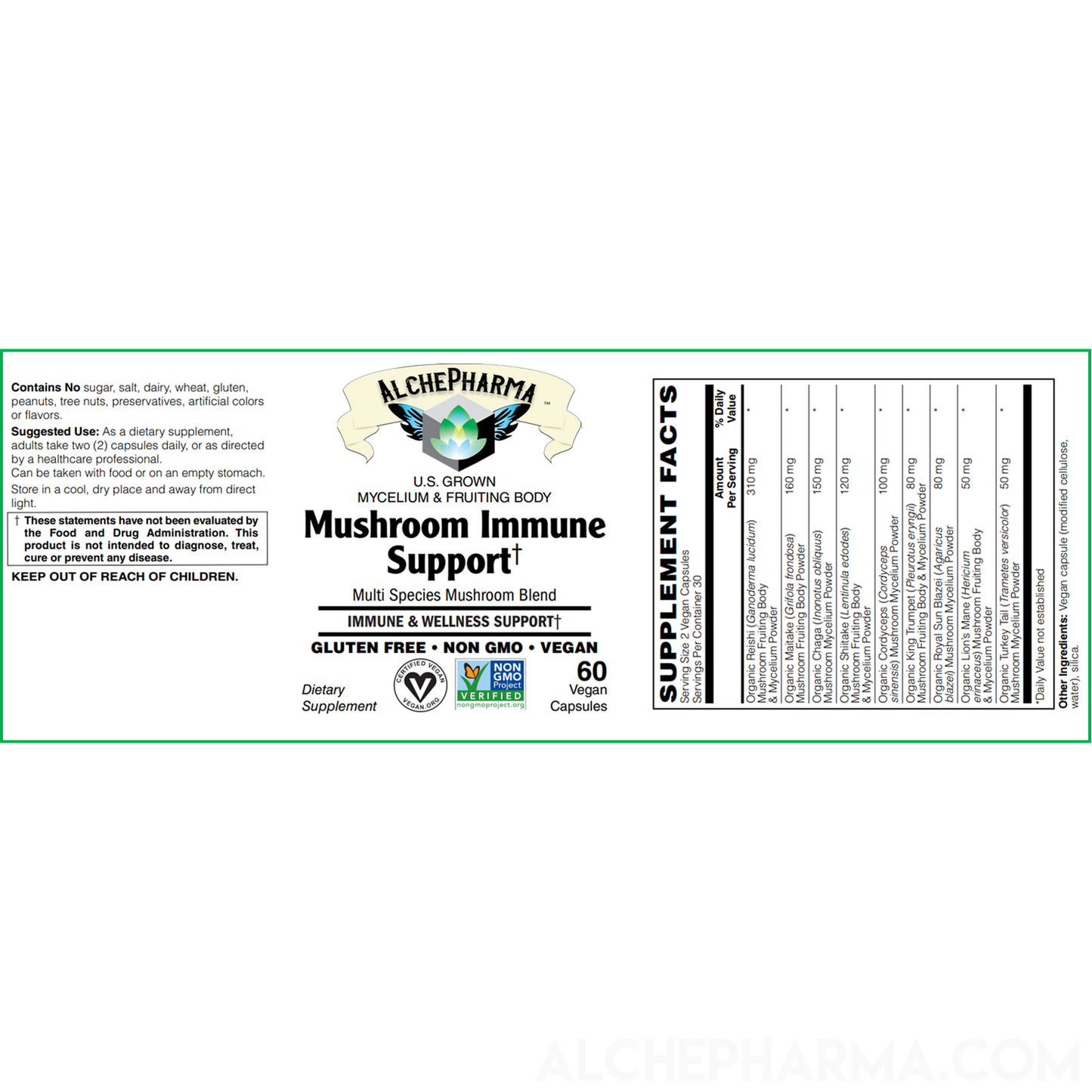 Mushroom Immune Support (Organic Multi-Species Blend) derived from Mycelium & Fruiting Body-Mushrooms-AlchePharma