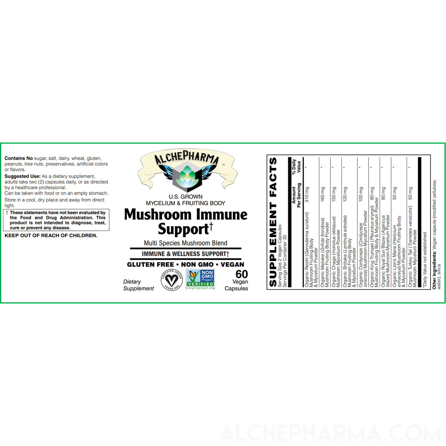 Mushroom Immune Support (Organic Multi-Species Blend) derived from Mycelium & Fruiting Body-Mushrooms-AlchePharma