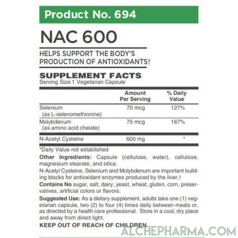 N-acetyl cysteine (NAC) 600mg Active w/ Co-Factors L-Selenomethione and Molybdenum-amino acid-AlchePharma