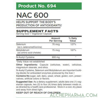 N-acetyl cysteine (NAC) 600mg Active w/ Co-Factors L-Selenomethione and Molybdenum-amino acid-AlchePharma