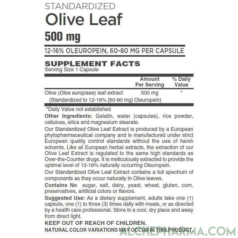 Olive Leaf Extract-500mg European Standardized to 12%-16% oleuropein (60-80mg per capsule)-Herbs-AlchePharma