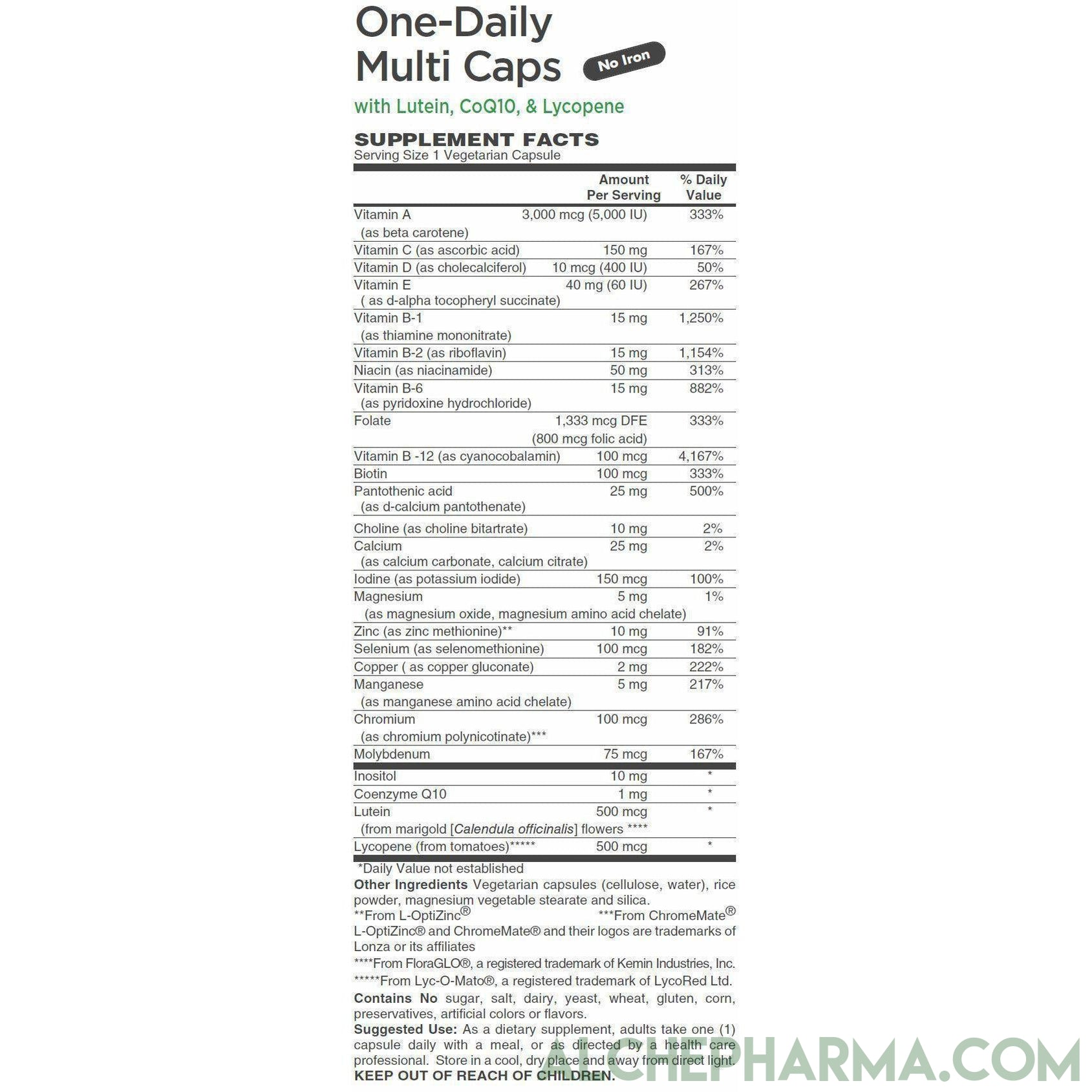 One-Daily Multivitamin Capsules (IRON-FREE) - with FloraGLO® lutein, CoQ10, & Lyc-O-Mato® lycopene-Multi Vitamin-AlchePharma