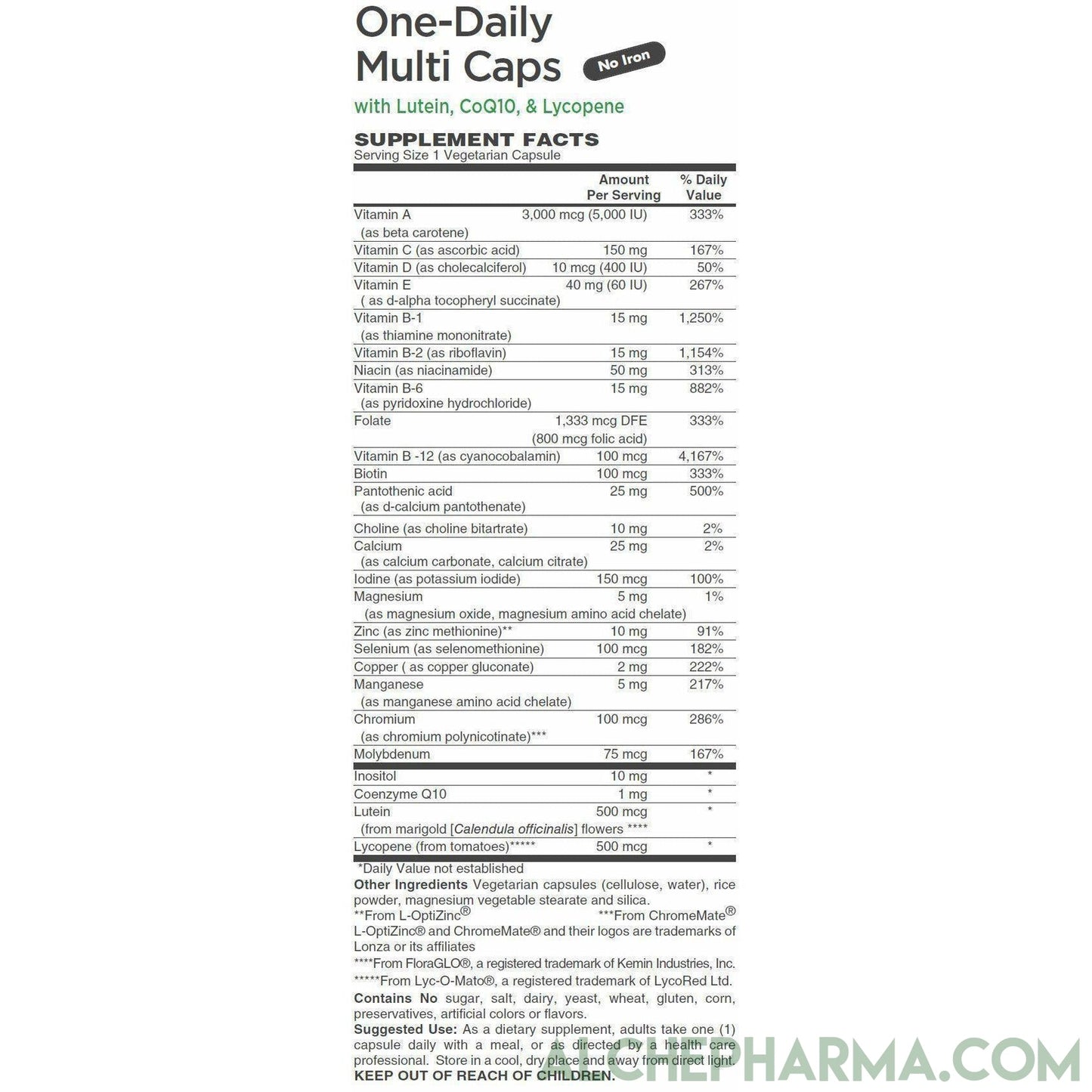One-Daily Multivitamin Capsules (IRON-FREE) - with FloraGLO® lutein, CoQ10, & Lyc-O-Mato® lycopene-Multi Vitamin-AlchePharma