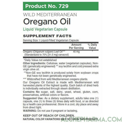 Oregano Mediterranean wildcrafted grown organically ( bio-active component minimum of 60-70% carvacrol ) Oil Liquid Filled Capsules-Herb-AlchePharma