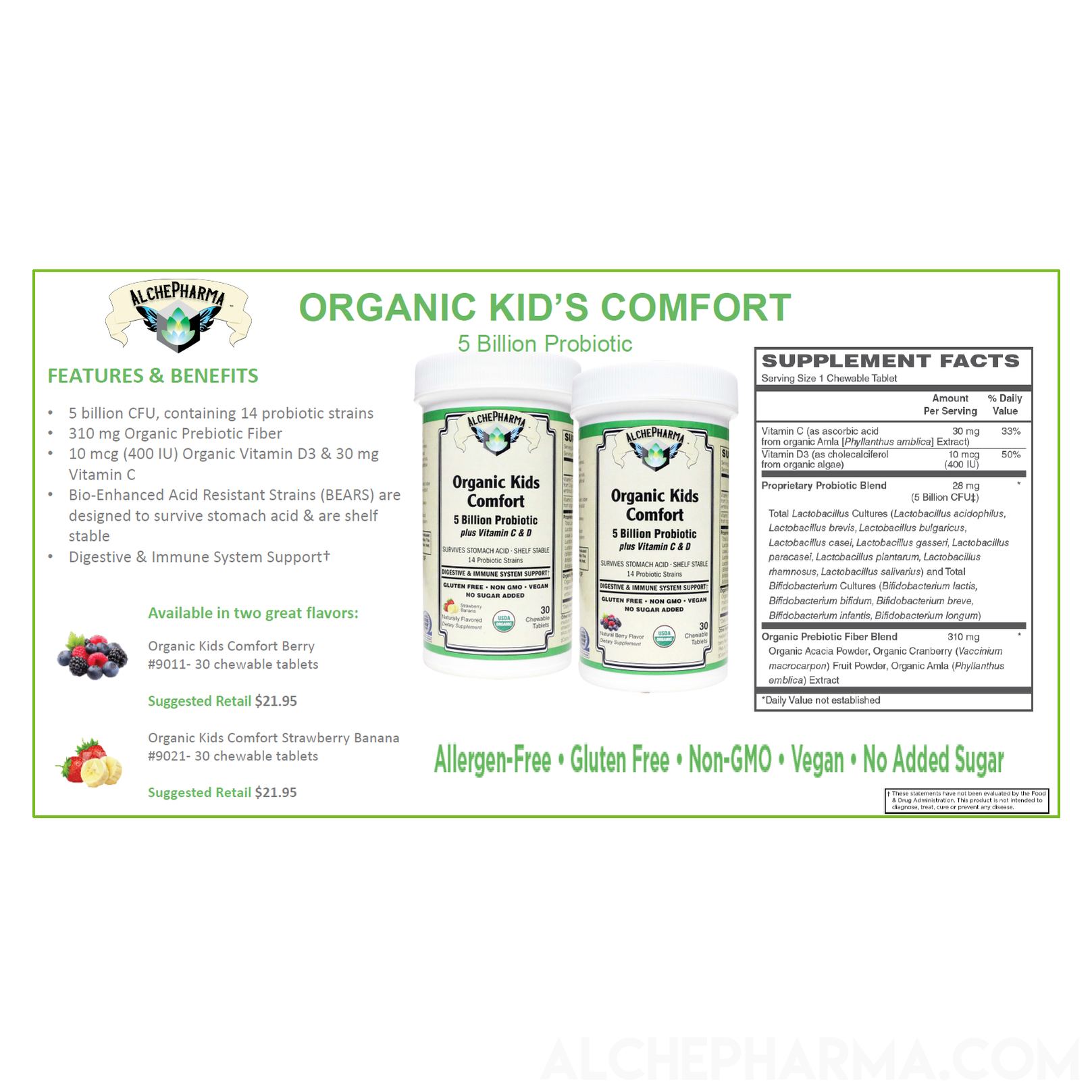 Organic Kids Comfort ( Comprehensive Probiotic -USDA Organic ) Vegan Chewable-Probiotic-AlchePharma