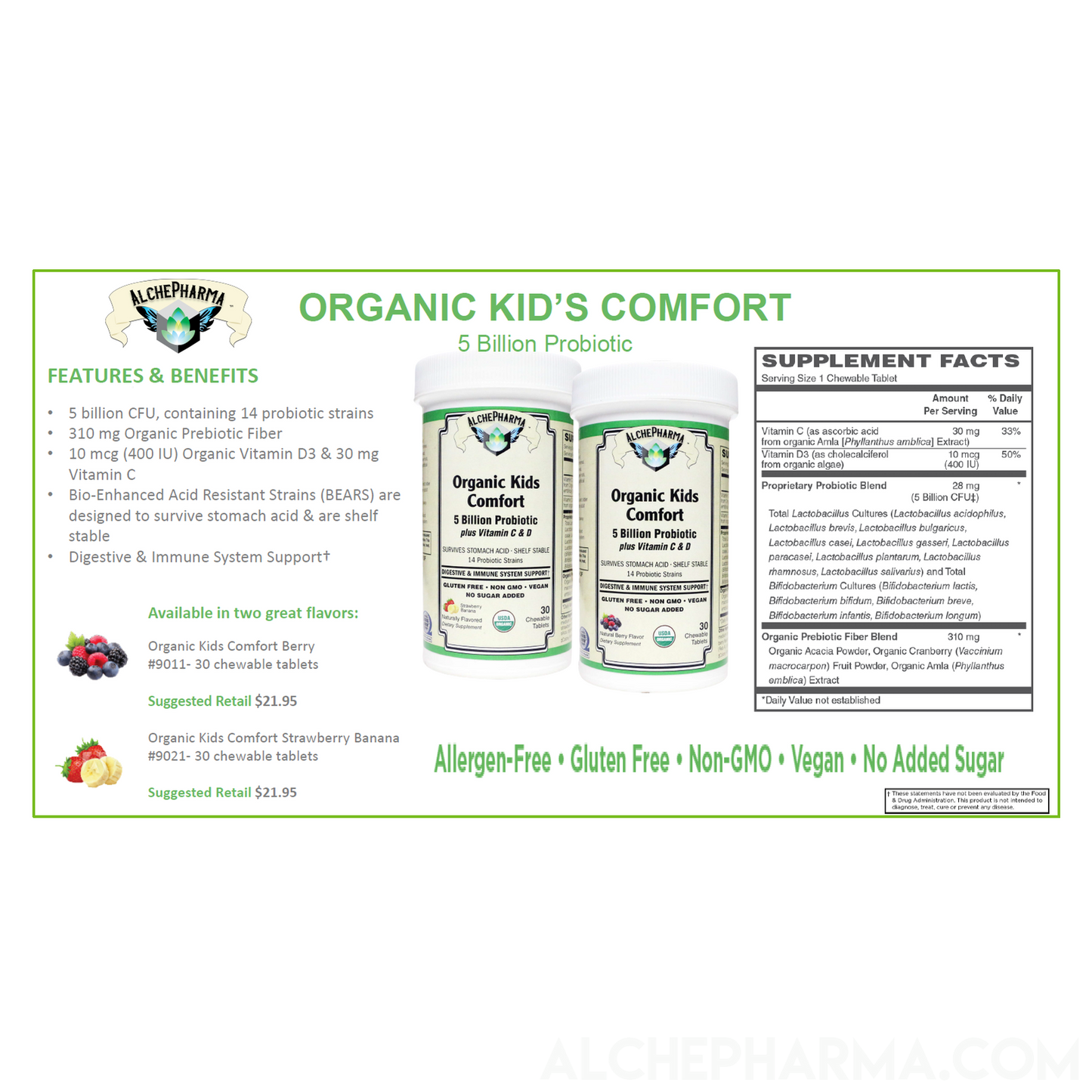 Organic Kids Comfort ( Comprehensive Probiotic -USDA Organic ) Vegan Chewable-Probiotic-AlchePharma