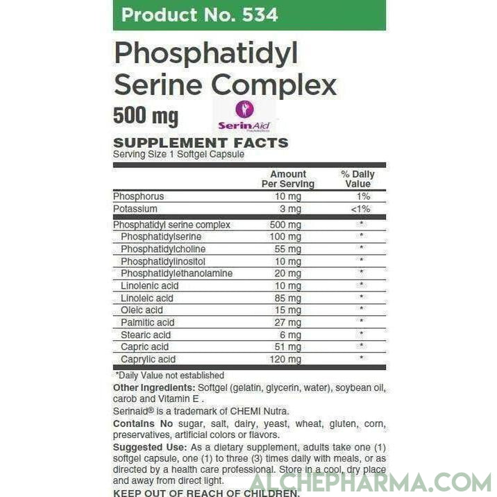 Phosphatidylserine Complex 500mg. SerinAID®, is the most well studied form of PS available-Memory-AlchePharma-30 Softgels-AlchePharma
