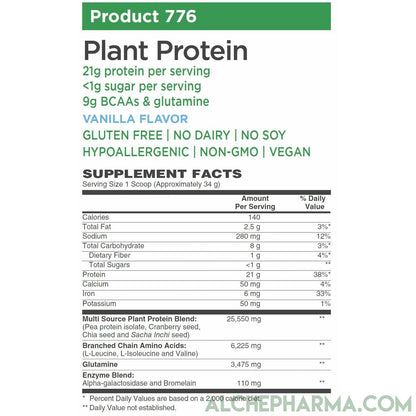 Plant Protein ( Premium Blend ) - No Soy, Hypoallergenic, No Grit ( Featuring Omega 3 Rich Sacha Inchi and Chia )-AlchePharma