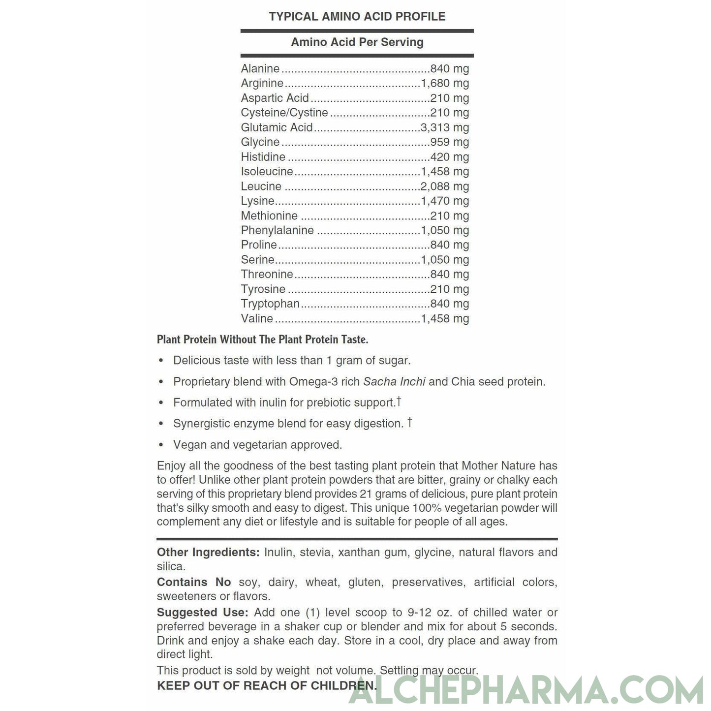 Plant Protein ( Premium Blend ) - No Soy, Hypoallergenic, No Grit ( Featuring Omega 3 Rich Sacha Inchi and Chia )-AlchePharma
