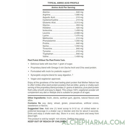 Plant Protein ( Premium Blend ) - No Soy, Hypoallergenic, No Grit ( Featuring Omega 3 Rich Sacha Inchi and Chia )-AlchePharma