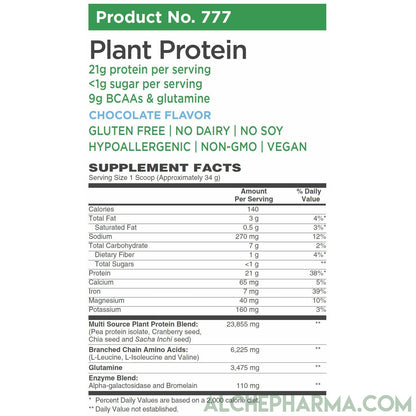 Plant Protein ( Premium Blend ) - No Soy, Hypoallergenic, No Grit ( Featuring Omega 3 Rich Sacha Inchi and Chia )-AlchePharma