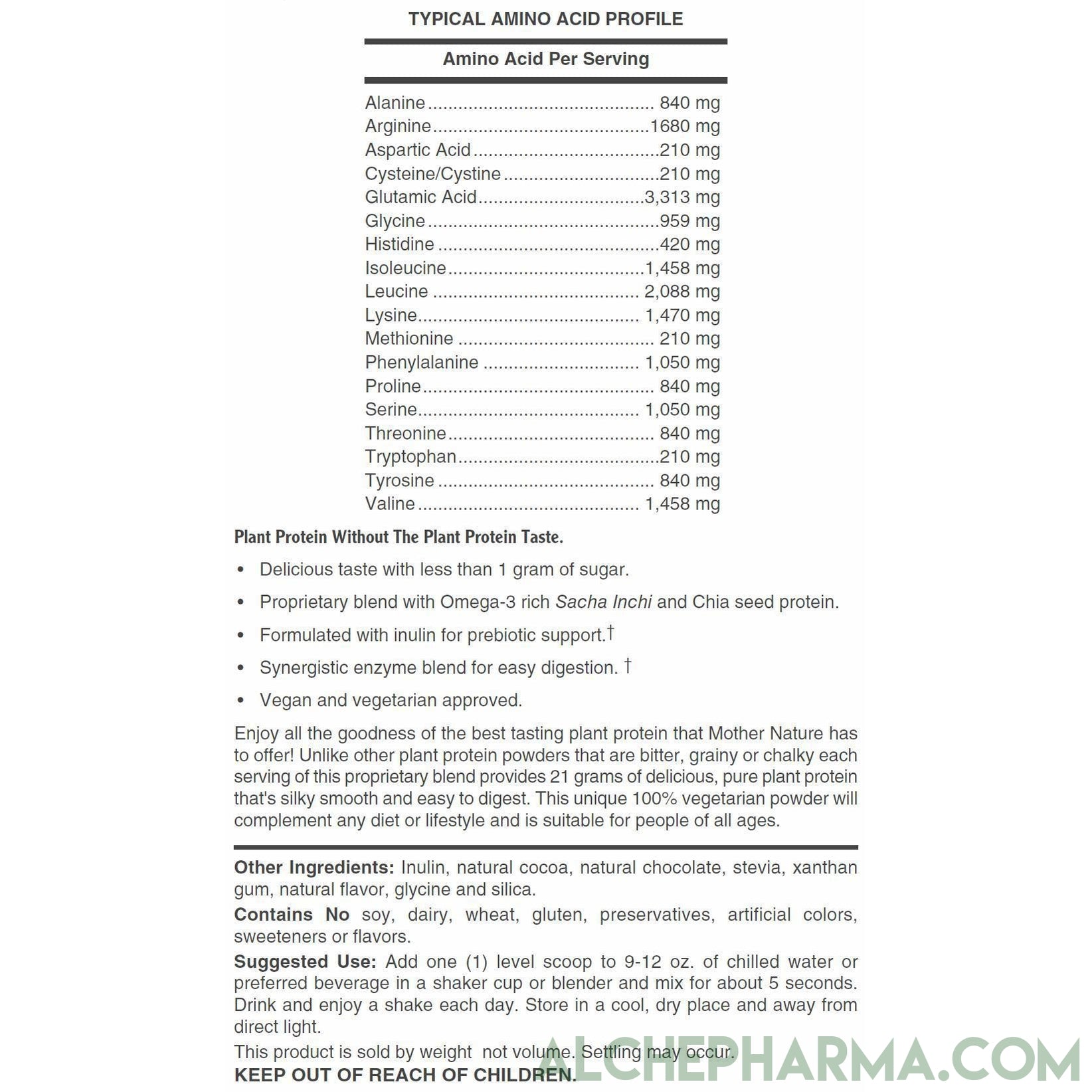 Plant Protein ( Premium Blend ) - No Soy, Hypoallergenic, No Grit ( Featuring Omega 3 Rich Sacha Inchi and Chia )-AlchePharma