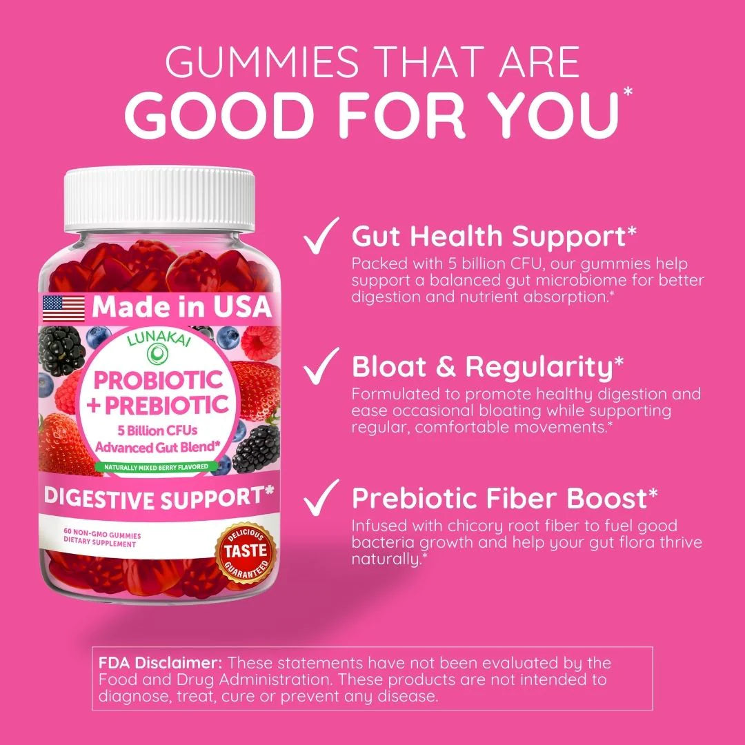 "Lunakai Probiotic + Prebiotic Gummies – Gut & Digestive Health – 60 Count