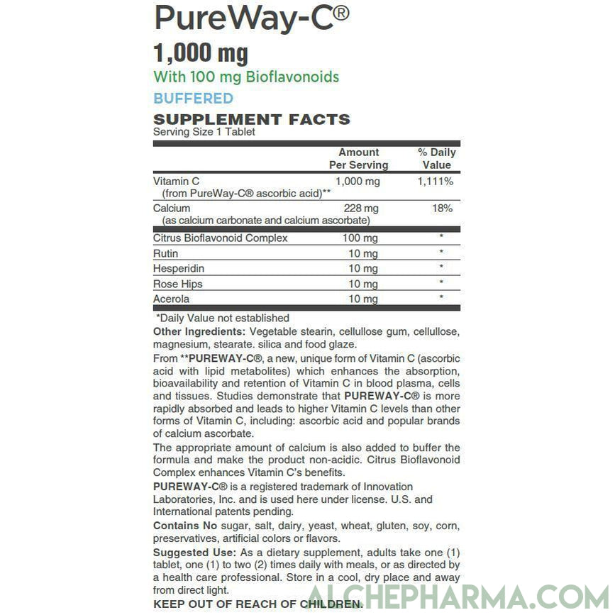 PureWay-C®( contains Vitamin C bound to lipid metabolites) - Non-Acidic 1000 mg Tablets-Anti-Oxidant-AlchePharma