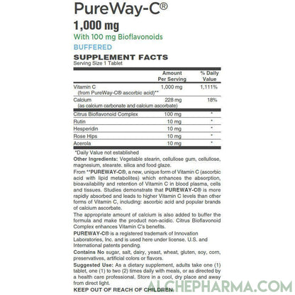 PureWay-C®( contains Vitamin C bound to lipid metabolites) - Non-Acidic 1000 mg Tablets-Anti-Oxidant-AlchePharma