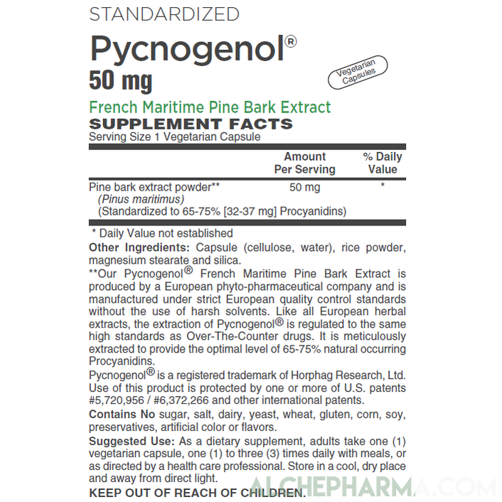 Pycnogenol® High Grade Standardized to 65-75% Procyanidins 50mg - Vcaps-Herb-AlchePharma