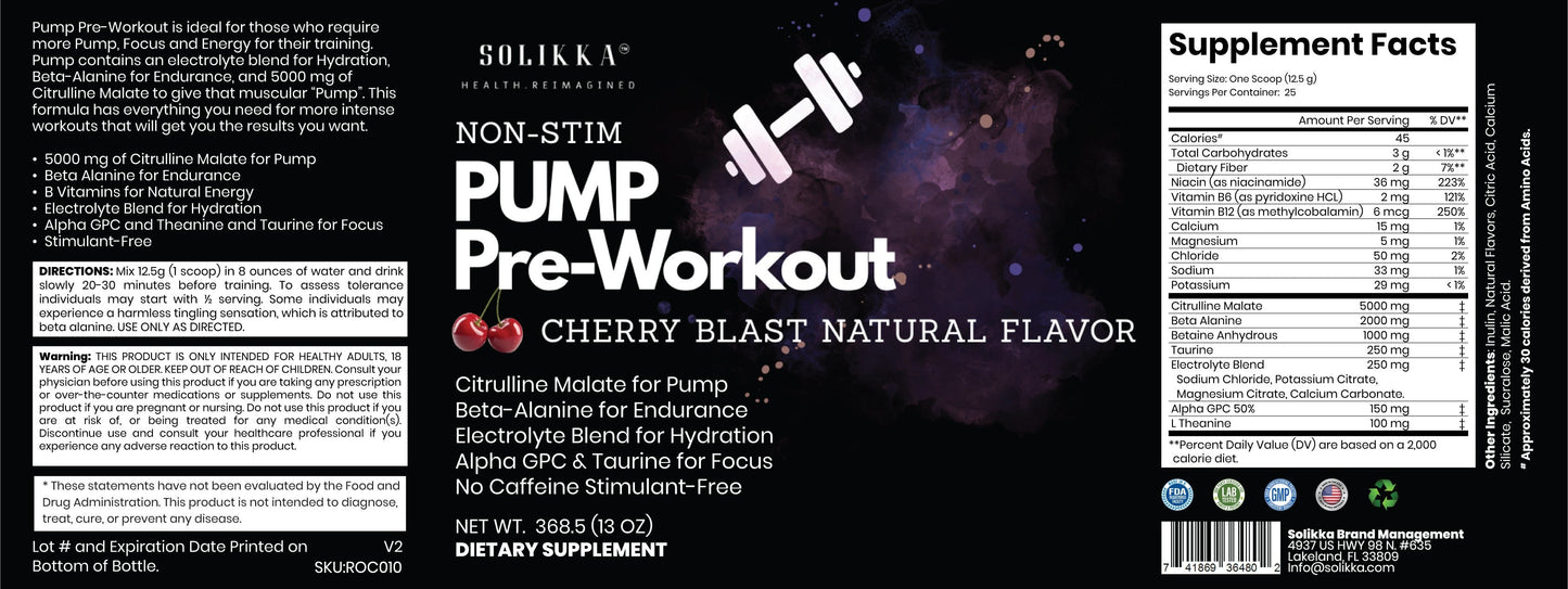 Pump Non-Stim Pre-Workout Cherry Blast 312g w/ Natural Flavor