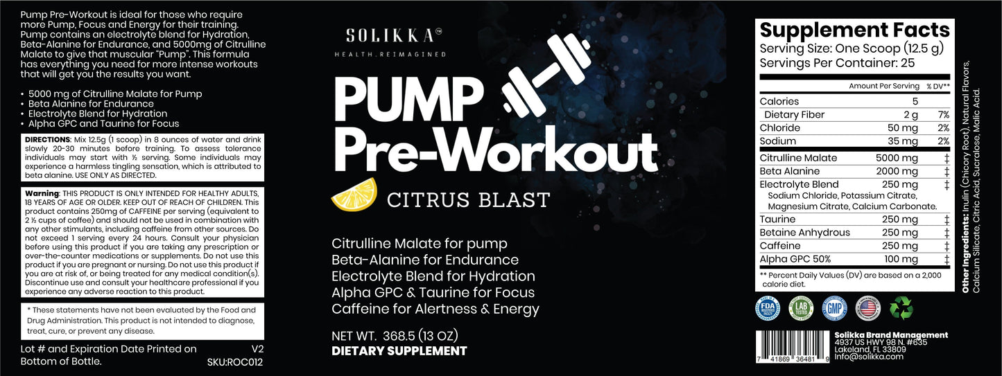 Pump Pre-Workout Citrus Blast 312g w/ Natural Flavor