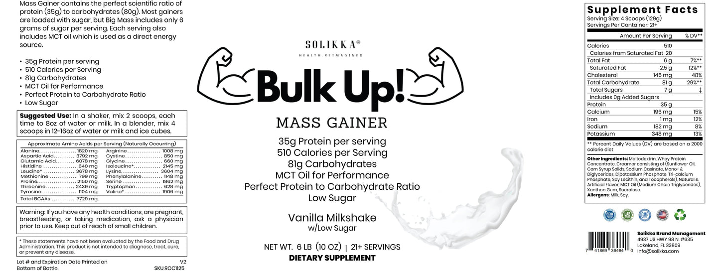 6lb Bulk Up! Mass Gainer Vanilla Milkshake w/Low Sugar