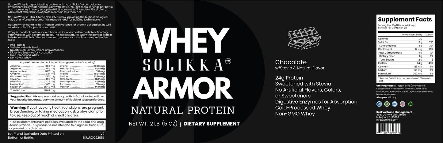 2lb Whey Armor Natural Protein Chocolate w/Stevia & Natural Flavor Non-GMO