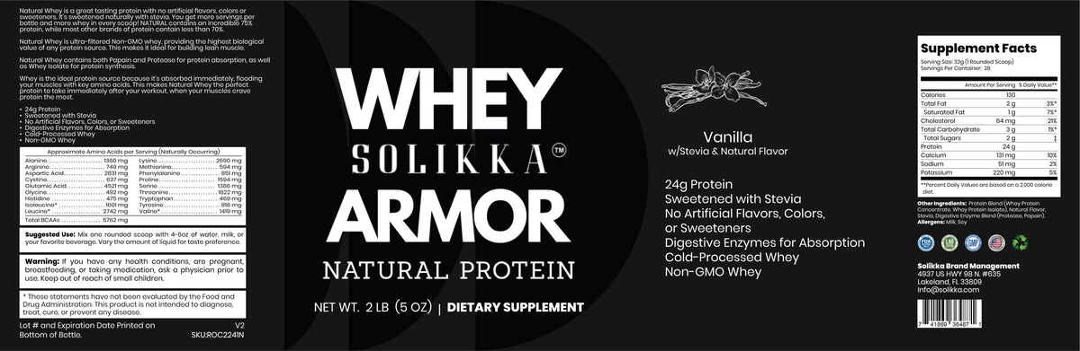 solikka 2lb Whey Armor Natural Protein Vanilla w/Stevia & Natural Flavor Non-GMO