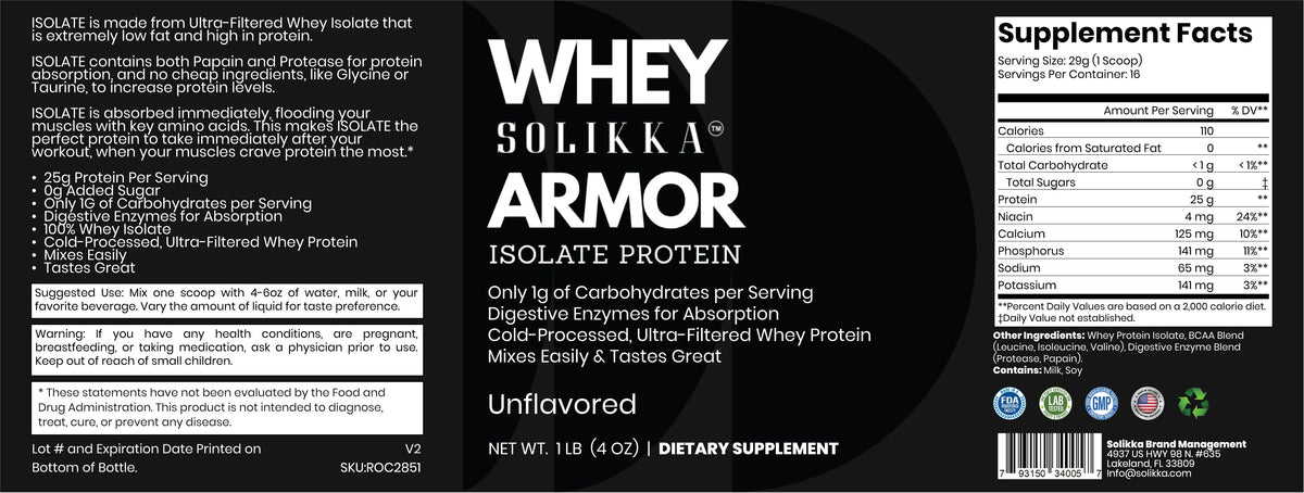 solikka Whey Armor Isolate Protein Powder – 100% Whey Isolate, Unflavored (1 lb / 16 Servings)
