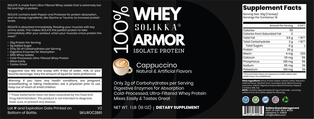 solikka 100% Whey Armor Isolate Protein Powder – Cappuccino Flavor (1 lb / 16 Servings)