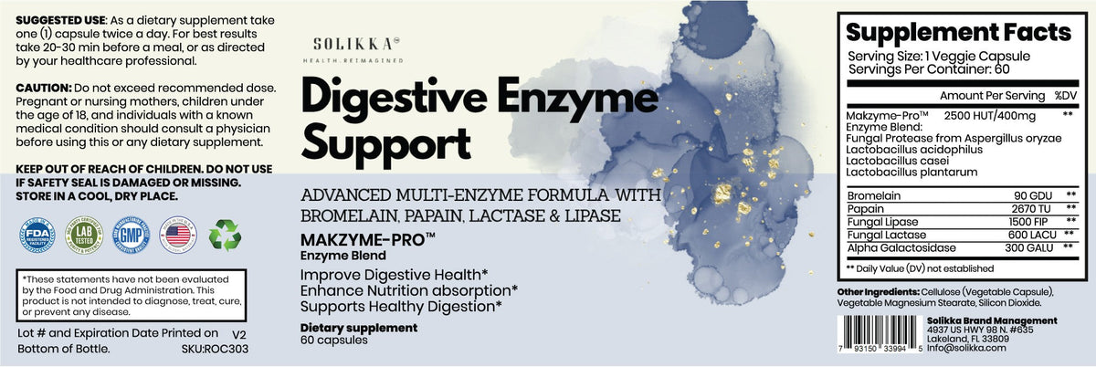 solikka Digestive Enzyme Support – Advanced Multi-Enzyme Formula (60 Capsules)