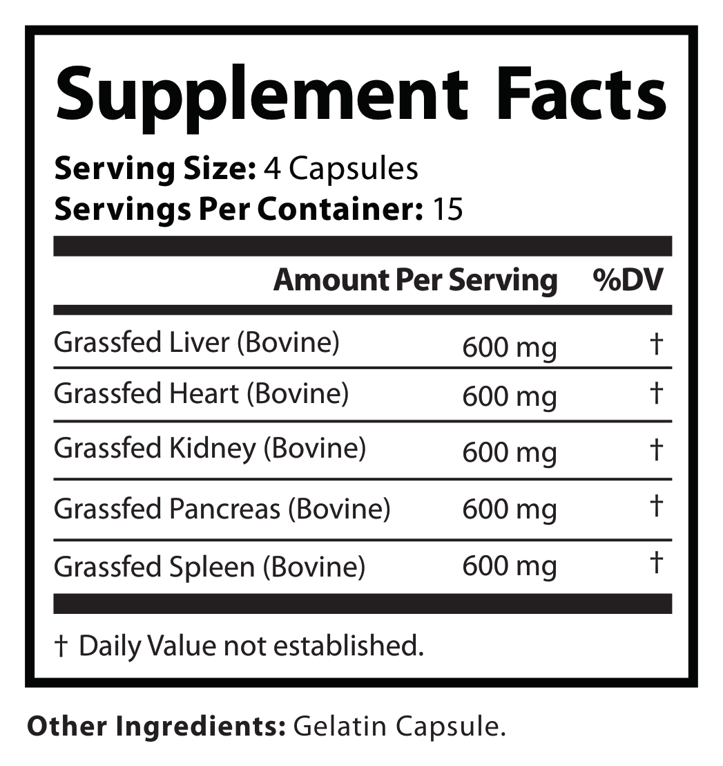 Grass Fed Beef Organ Complex – Ancestral Superfood – Desiccated Liver, Heart, Kidney, Pancreas, Spleen