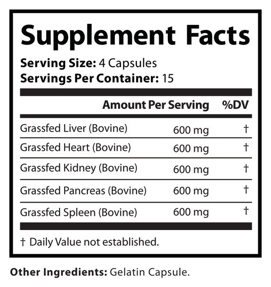Grass Fed Beef Organ Complex – Ancestral Superfood – Desiccated Liver, Heart, Kidney, Pancreas, Spleen