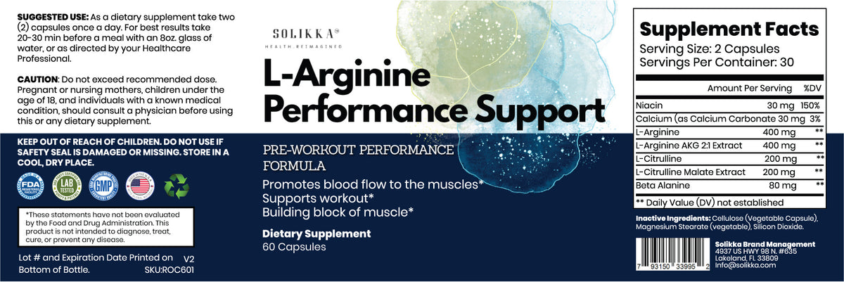 solikka L-Arginine Performance Support – Pre-Workout Formula (60 Capsules)