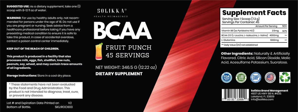 solikka BCAA Powder – 2:1:1 Ratio with L-Glutamine, Fruit Punch (45 Servings)