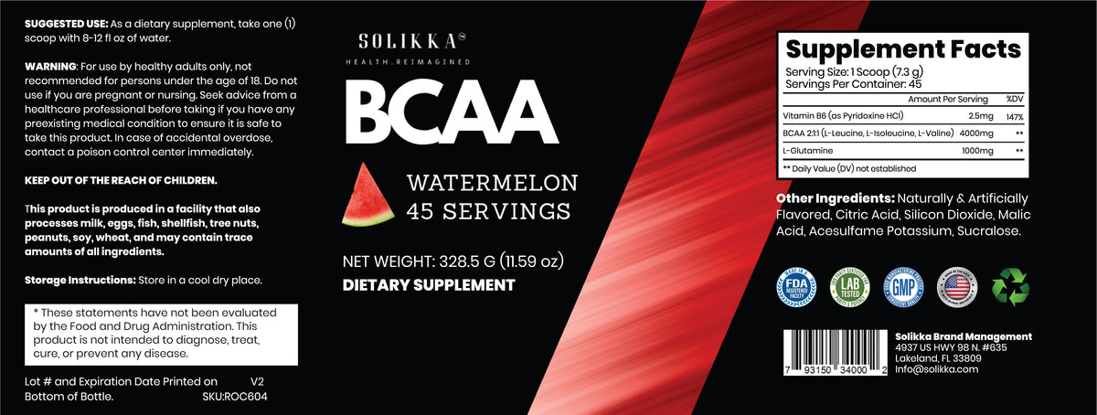 solikka BCAA Powder – 2:1:1 Ratio with L-Glutamine, Watermelon (45 Servings)