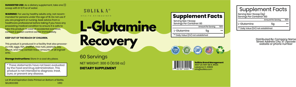 solikka L-Glutamine Recovery Powder – 5g Pure L-Glutamine (60 Servings)