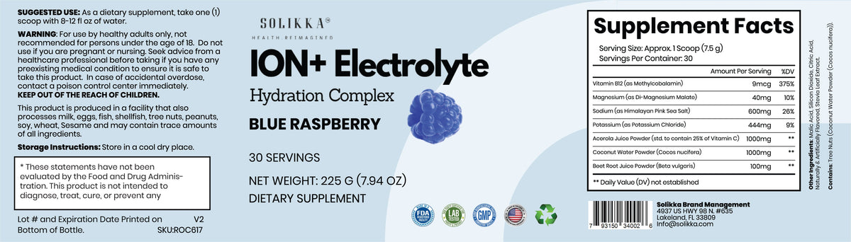 solikka ION+ Electrolyte Hydration Complex – Blue Raspberry (30 Servings)