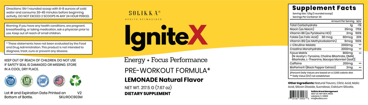 solikka IgniteX Pre-Workout Formula – Energy + Focus Performance, Lemonade (30 Servings)