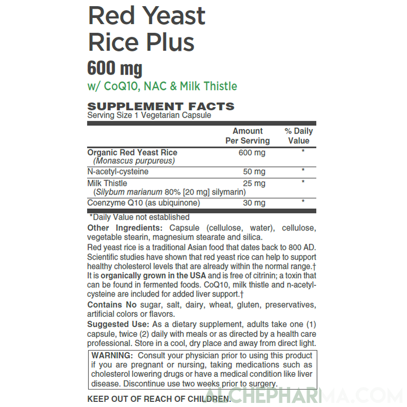 Red Yeast Rice Plus, 600mg ( Organically Grown - Citrinin Free )-Herb-AlchePharma