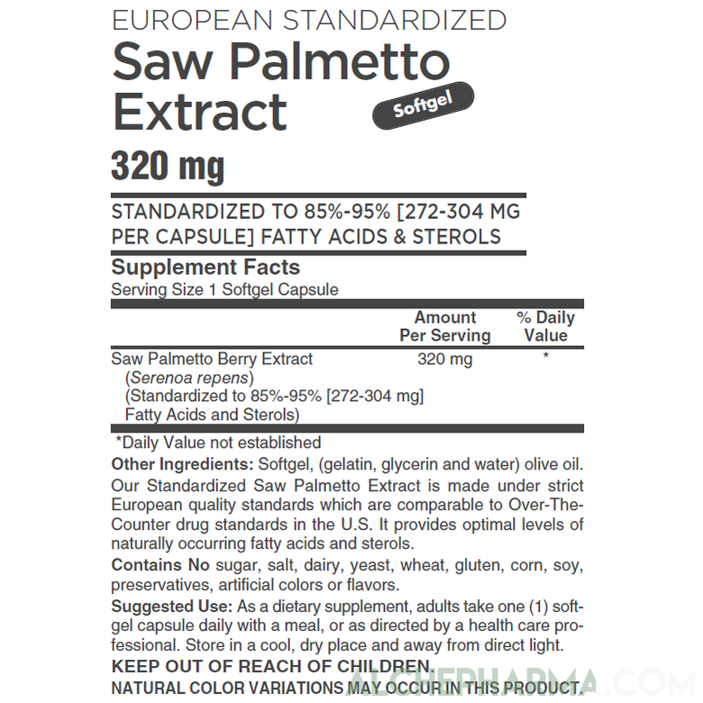 Saw Palmetto Extract 320 mg. ( European Standardized to 85%-95% Fatty Acids and Sterols )-Herb-AlchePharma