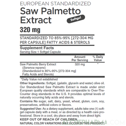 Saw Palmetto Extract 320 mg. ( European Standardized to 85%-95% Fatty Acids and Sterols )-Herb-AlchePharma