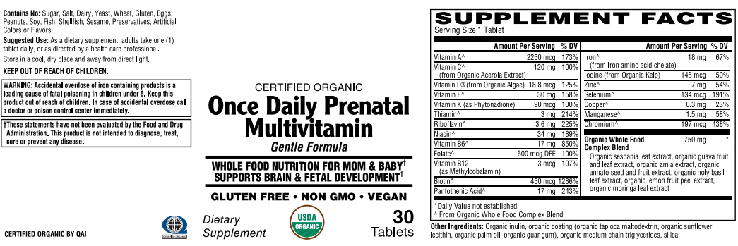 Once Daily Prenatal Multivitamin - Certified Organic, Gentle Formula Tablets