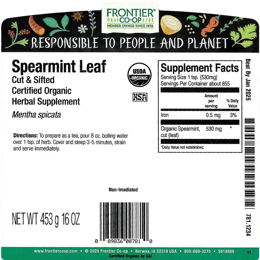 Spearmint Leaf, Cut & Sifted, Organic 1 lb