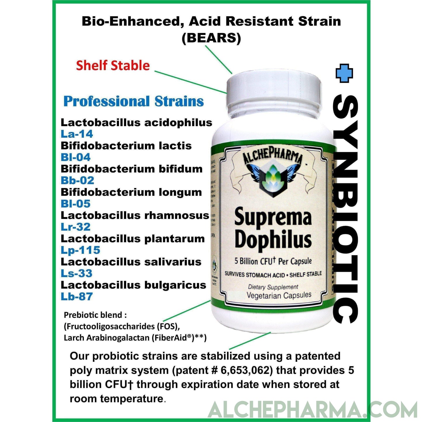 Suprema Dophilus Authentic ( Danisco -BEARS- Poly Matrix Stomach Acid Resistant Strains ) w/ arabinogalactans-Probiotics-AlchePharma-60 Veg Caps-AlchePharma