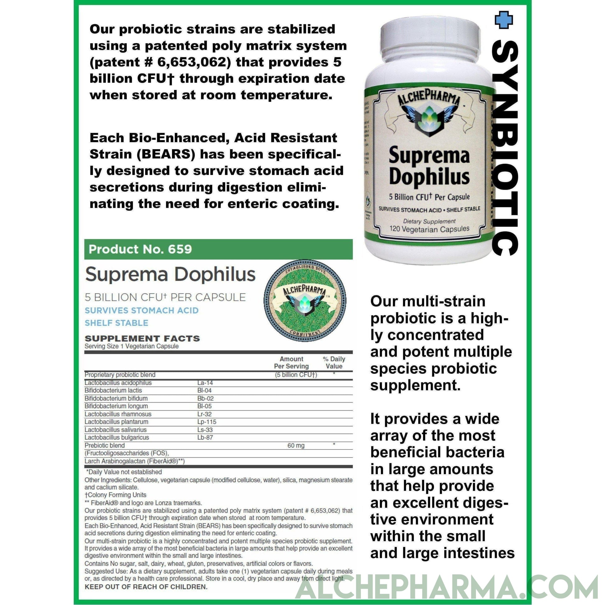 Suprema Dophilus Authentic ( Danisco -BEARS- Poly Matrix Stomach Acid Resistant Strains ) w/ arabinogalactans-Probiotics-AlchePharma-60 Veg Caps-AlchePharma